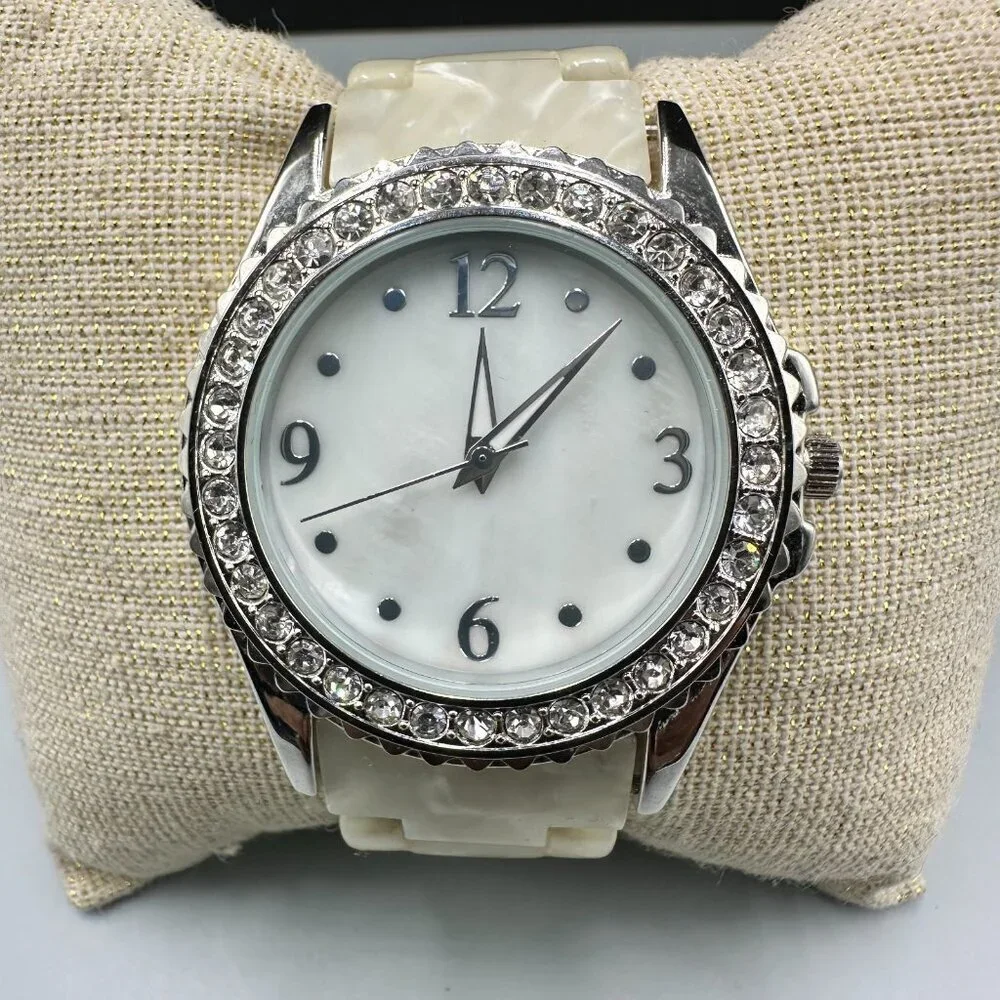 3/$30 Silver Tone Women Watch Rhinestone Bezel Cream Resin Band New Battery